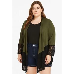 Forgotten Grace Women's 2X Olive Green Knit Open Duster with Black Lace Trim